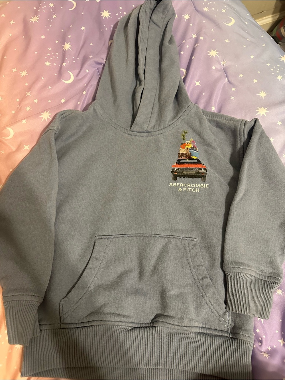 Abercrombie & Fitch Slate Gray Pullover Hoodie with Colorful Car Graphic